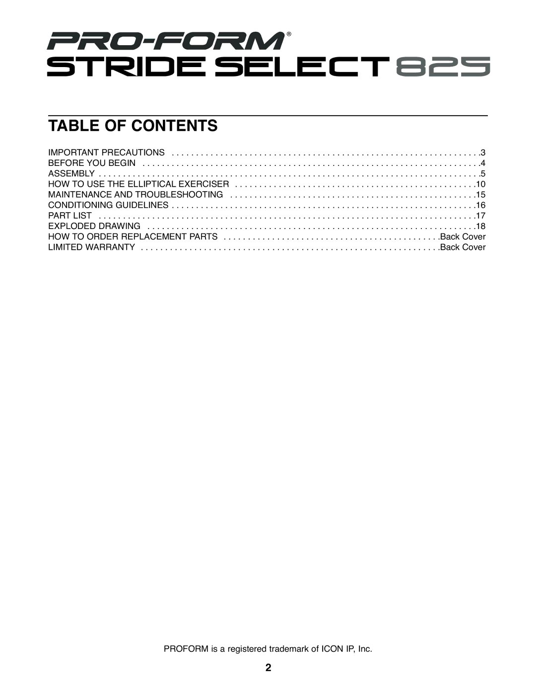 ProForm PFCCEL3906.2 user manual Table of Contents 