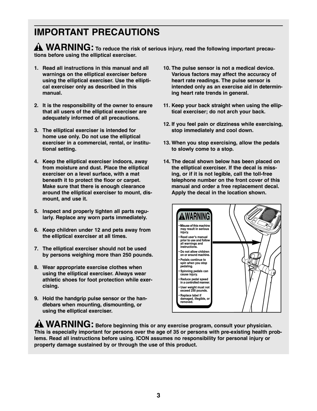 ProForm PFCCEL3906.2 user manual Important Precautions 