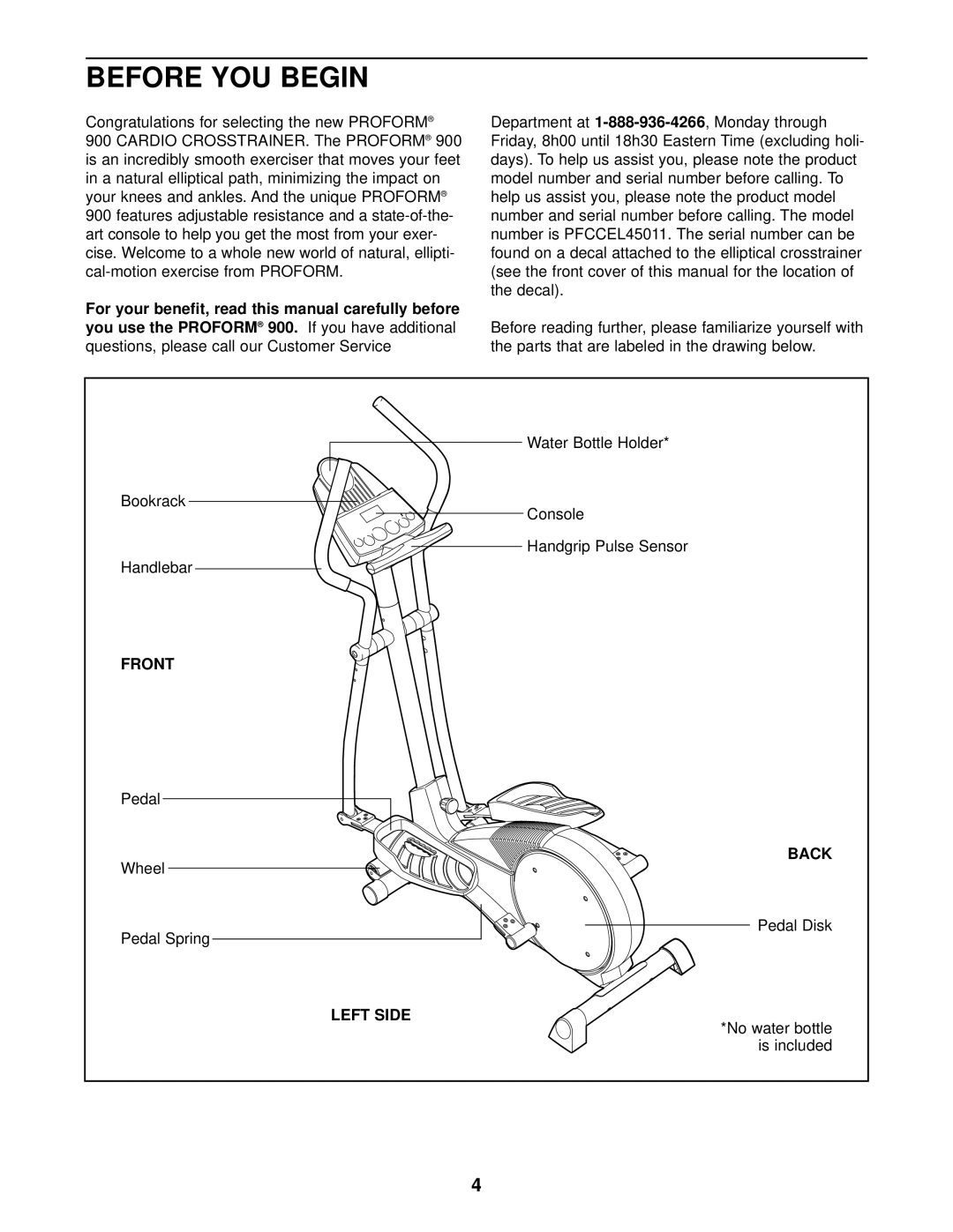 ProForm PFCCEL45011 user manual Before YOU Begin, You use the Proform, Front, Left Side 