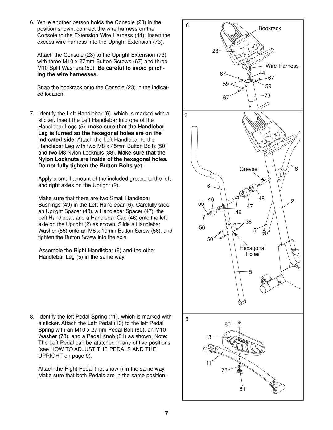 ProForm PFCCEL45011 user manual Ing the wire harnesses, Handlebar Legs, Two M8 Nylon Locknuts 