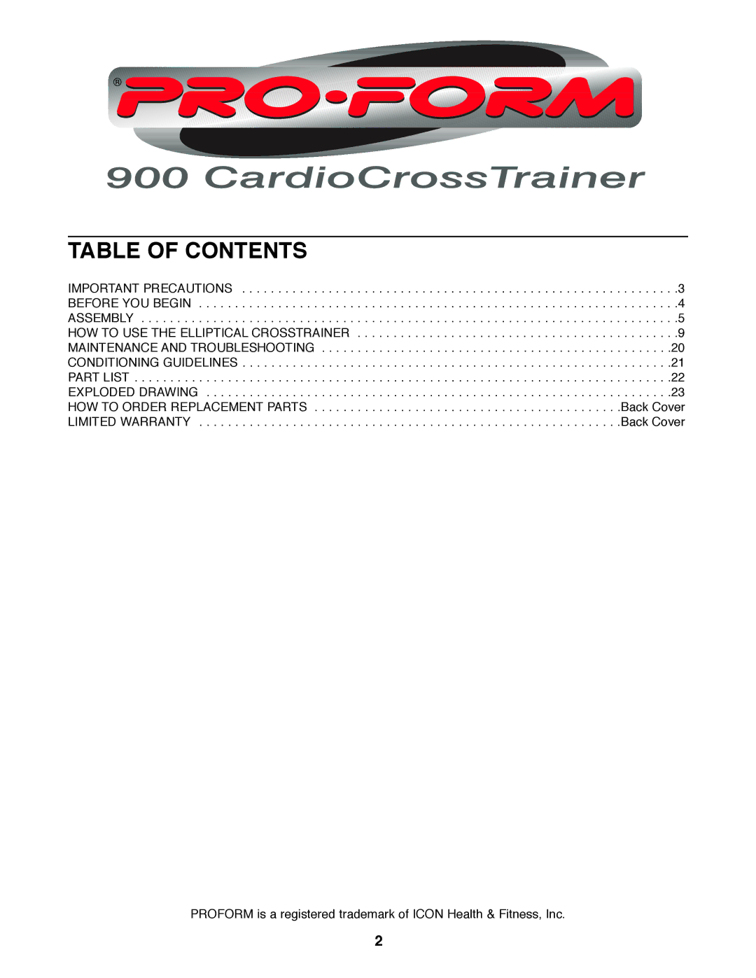 ProForm PFCCEL45012 user manual Table of Contents 