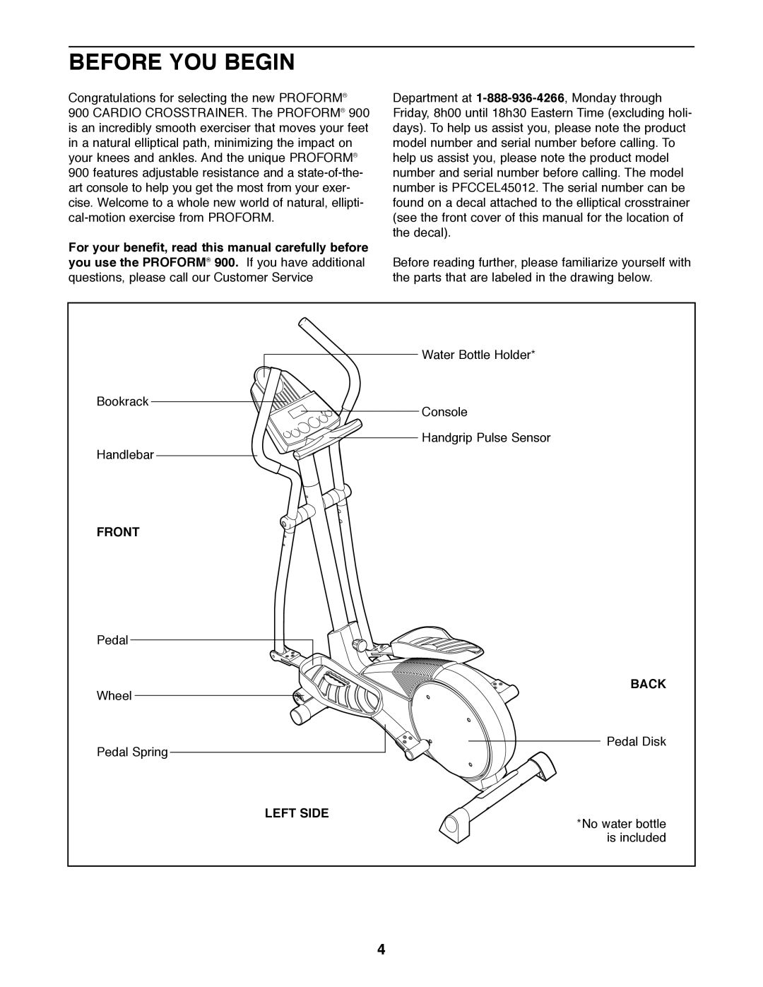 ProForm PFCCEL45012 user manual Before YOU Begin, Front, Back, Left Side 