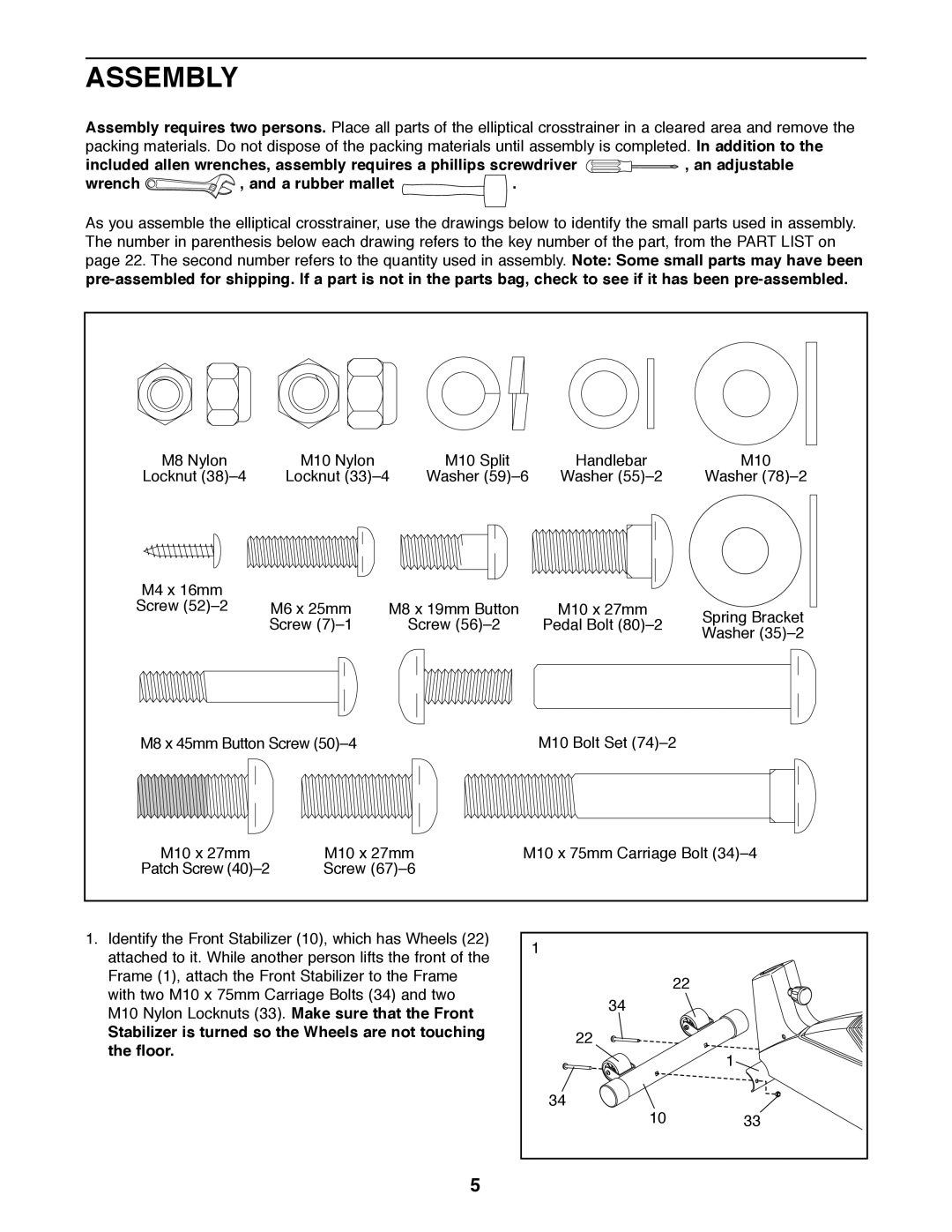 ProForm PFCCEL45012 user manual Assembly, Wrench A rubber mallet 