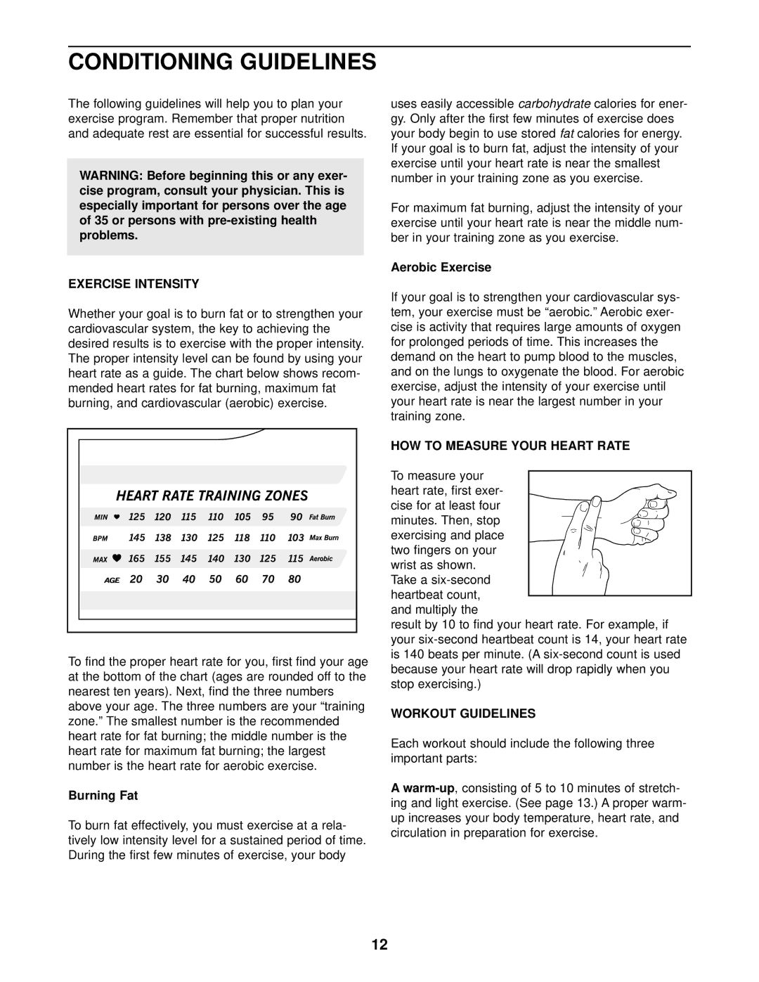 ProForm PFCCEL87078 Conditioning Guidelines, Exercise Intensity, HOW to Measure Your Heart Rate, Workout Guidelines 