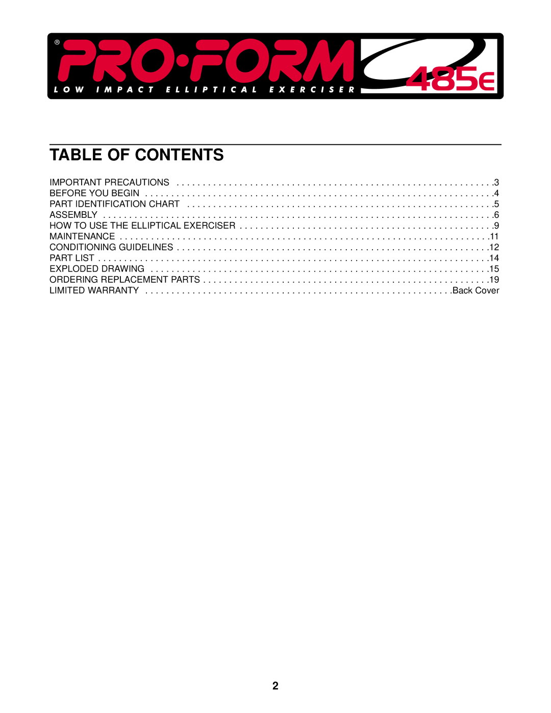 ProForm PFCCEL87078 user manual Table of Contents 