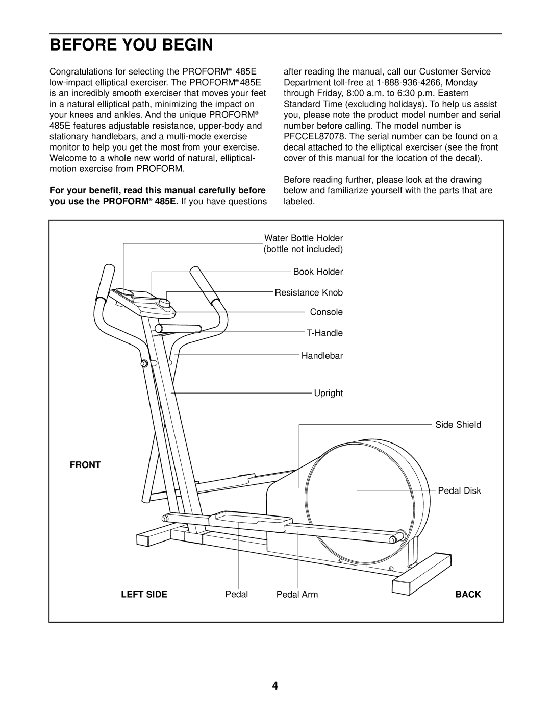 ProForm PFCCEL87078 user manual Before YOU Begin, You use the Proform, Front, Left Side 