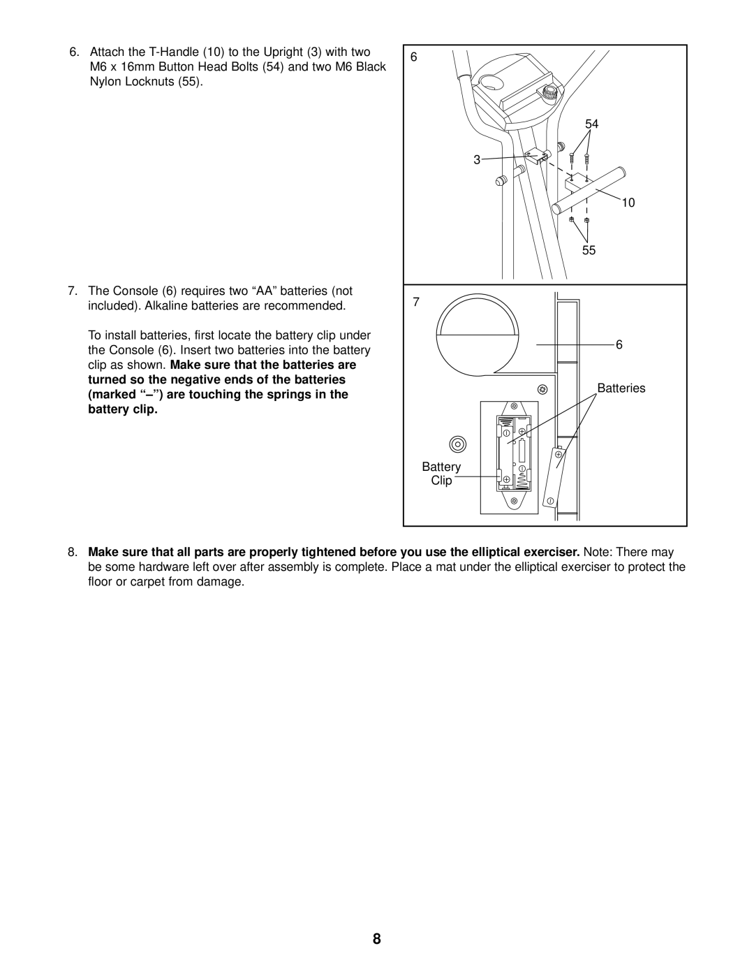 ProForm PFCCEL87078 user manual Batteries Battery Clip, Floor or carpet from damage 