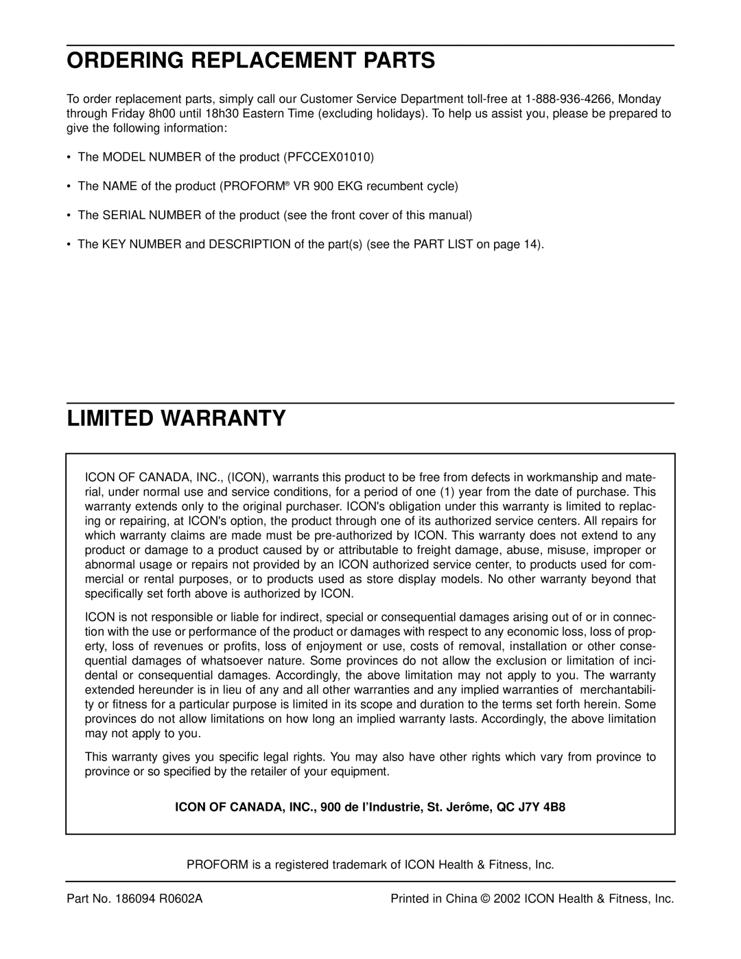 ProForm PFCCEX01010, VR 900 EKG user manual Ordering Replacement Parts, Limited Warranty 