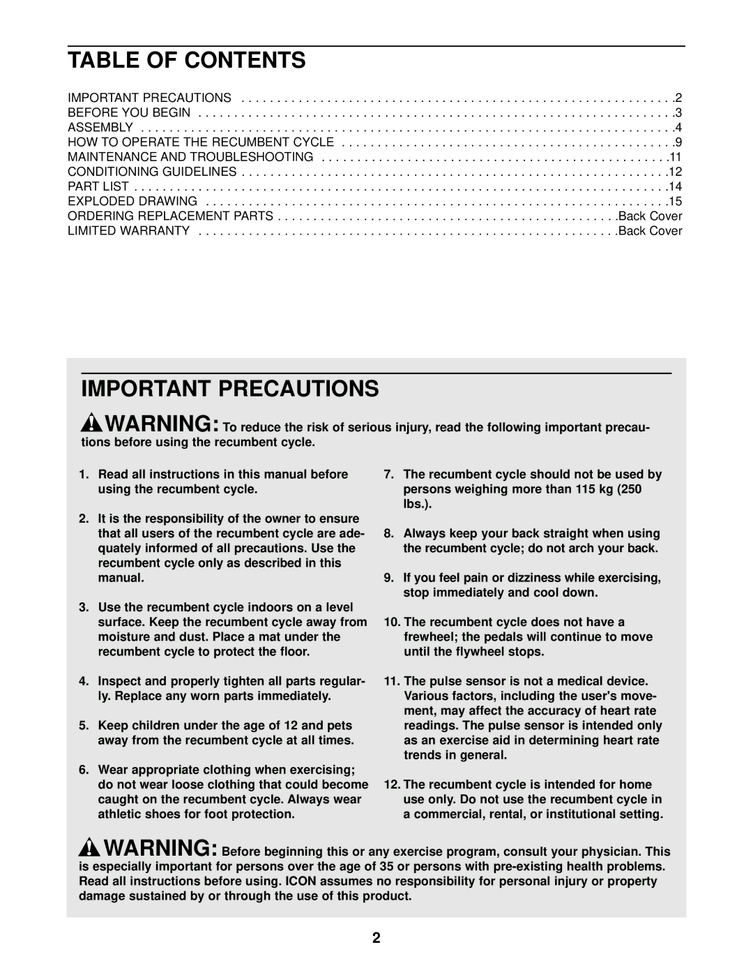 ProForm PFCCEX01010, VR 900 EKG user manual Table of Contents, Important Precautions 