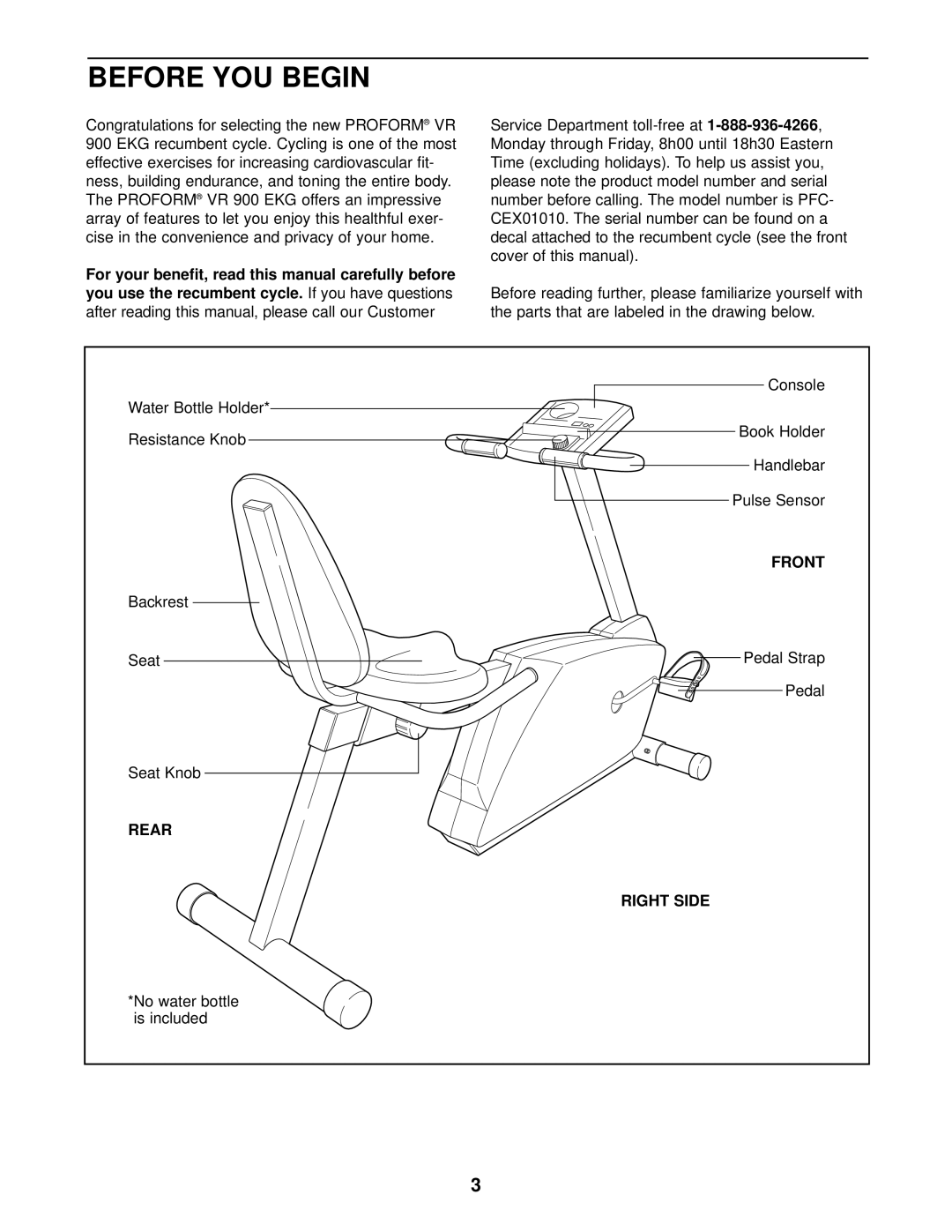 ProForm VR 900 EKG, PFCCEX01010 user manual Before YOU Begin, Front, Rear Right Side 