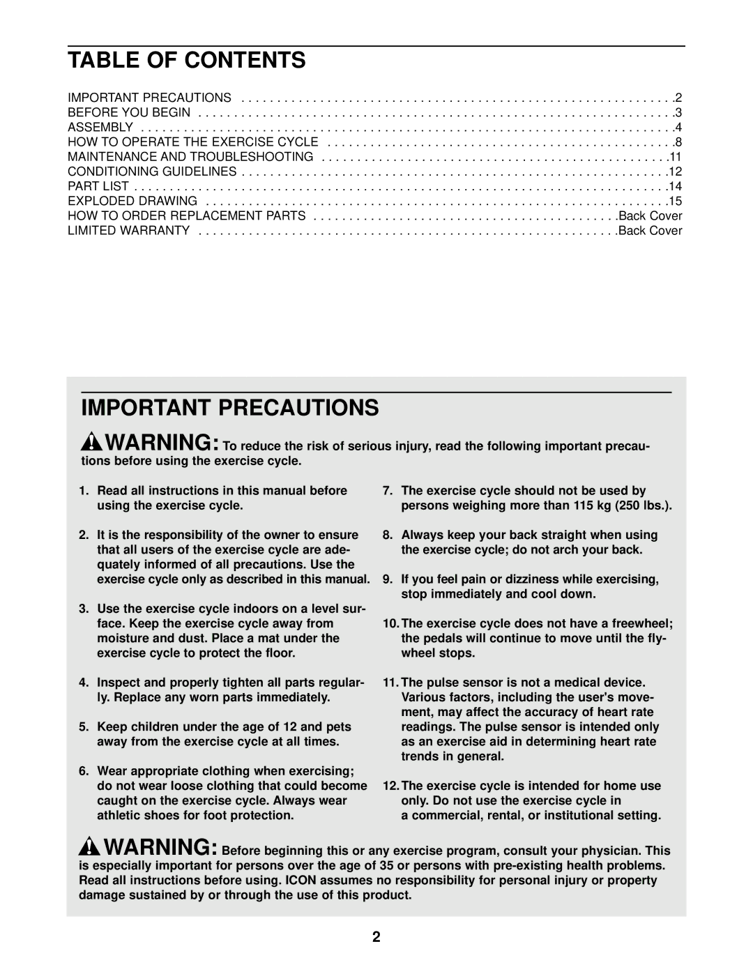 ProForm PFCCEX17910 user manual Table of Contents, Important Precautions 