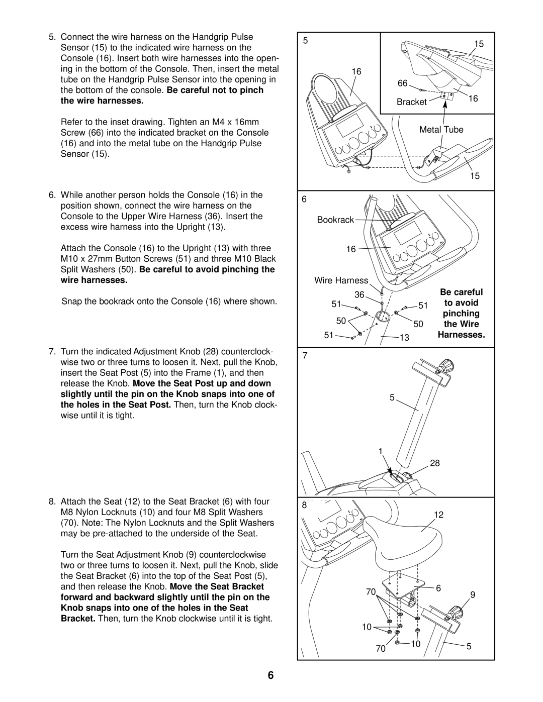 ProForm PFCCEX17910 Bottom of the console, Wire harnesses, Holes in the Seat Post, Then release the Knob, To avoid 