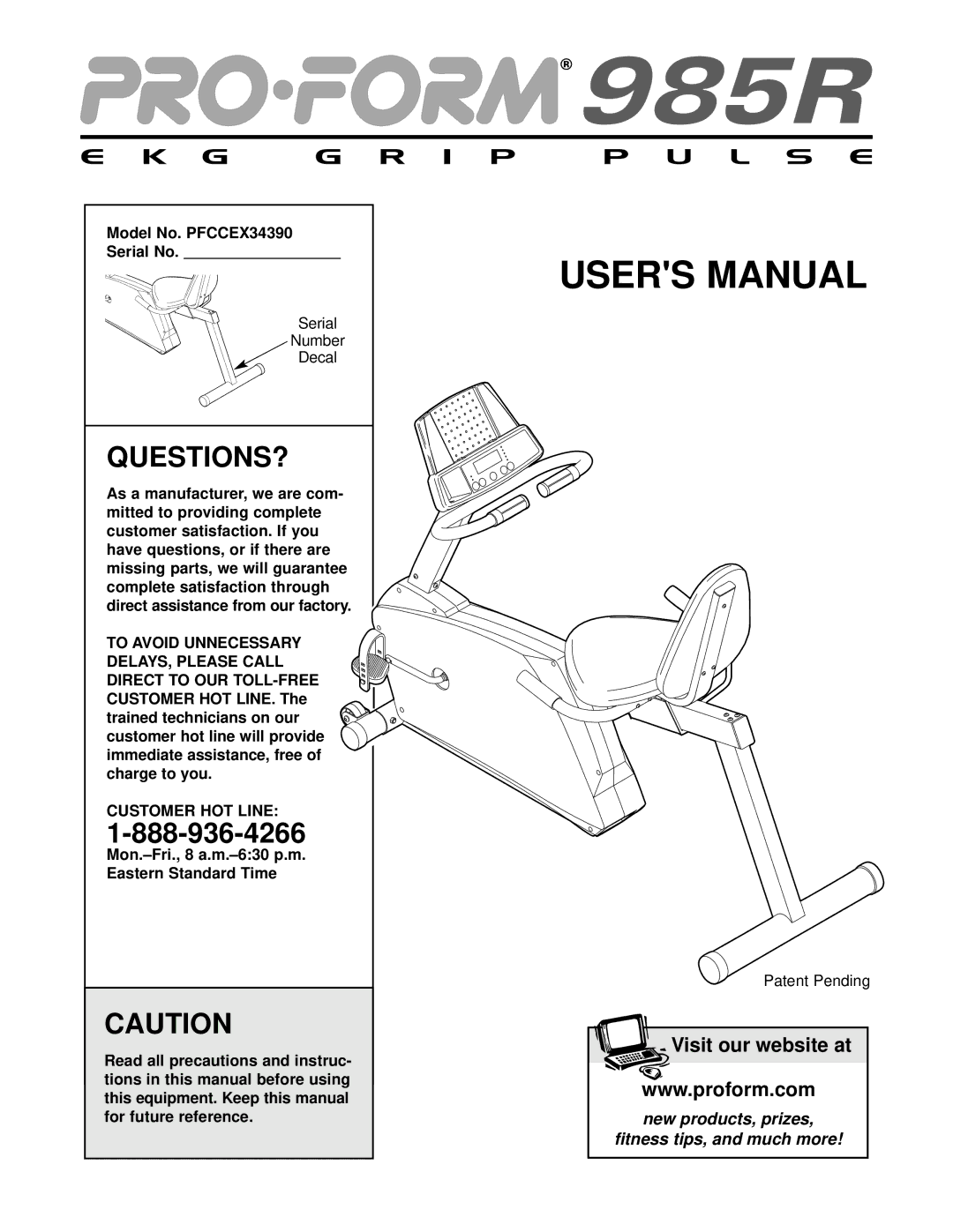 ProForm user manual Questions?, Model No. PFCCEX34390 Serial No, To Avoid Unnecessary, Customer HOT Line 