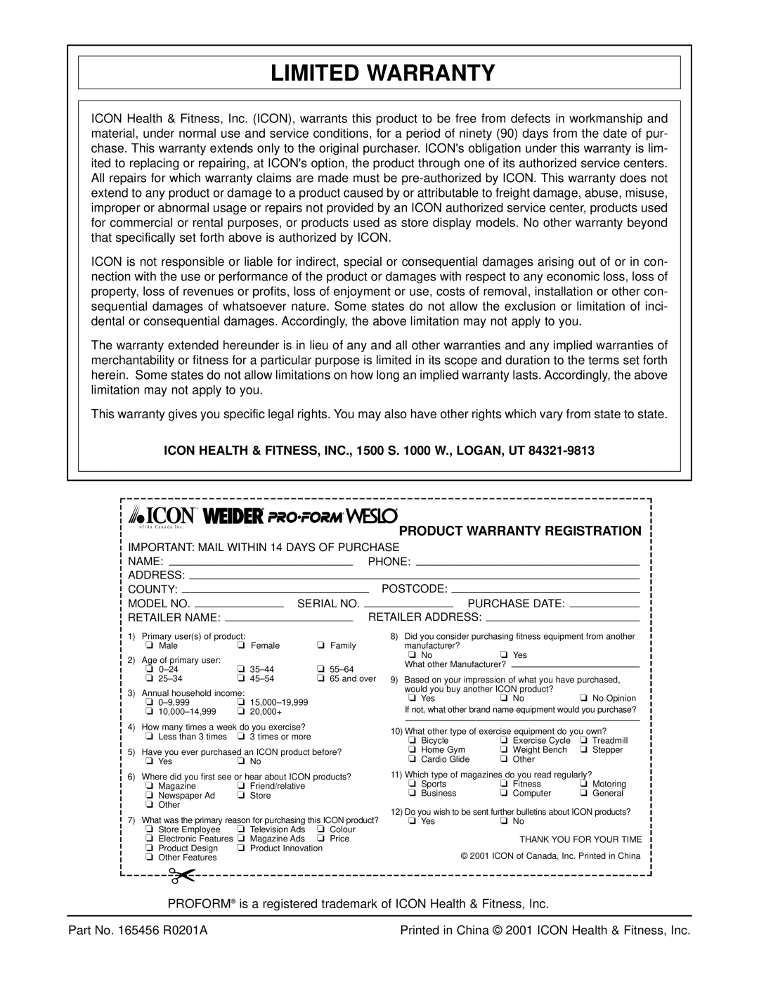 ProForm PFCCEX34390 user manual Limited Warranty, Icon Health & FITNESS, INC., 1500 S W., LOGAN, UT, Part No R0201A 