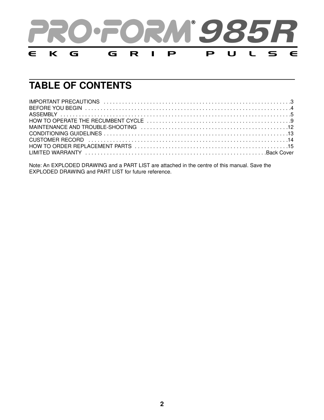 ProForm PFCCEX34390 user manual Table of Contents 