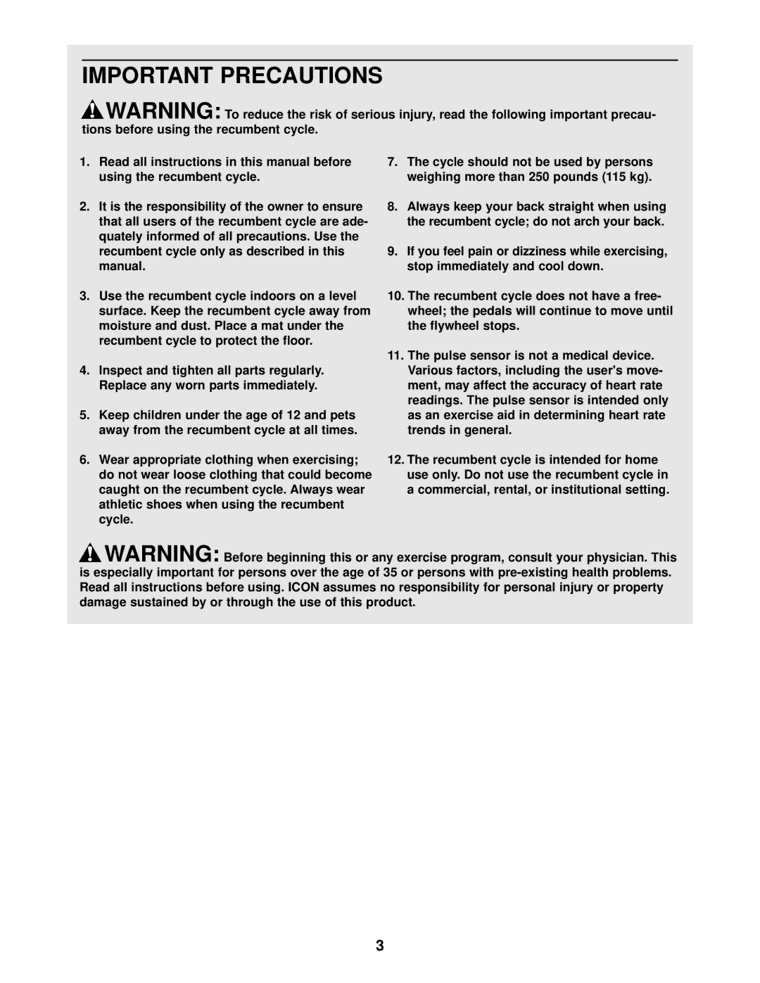 ProForm PFCCEX34390 user manual Important Precautions, Tions before using the recumbent cycle 