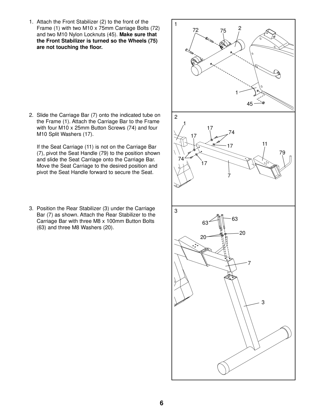 ProForm PFCCEX34390 Two M10 Nylon Locknuts 45. Make sure that, If the Seat Carriage 11 is not on the Carriage Bar 