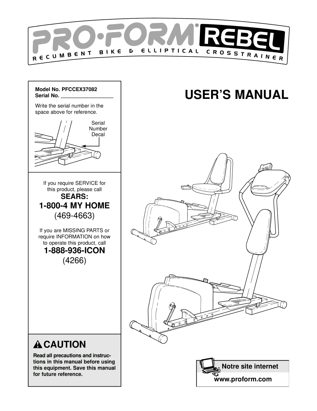 ProForm user manual Model No. PFCCEX37082 Serial No, Serial Number Decal, To operate this product, call 