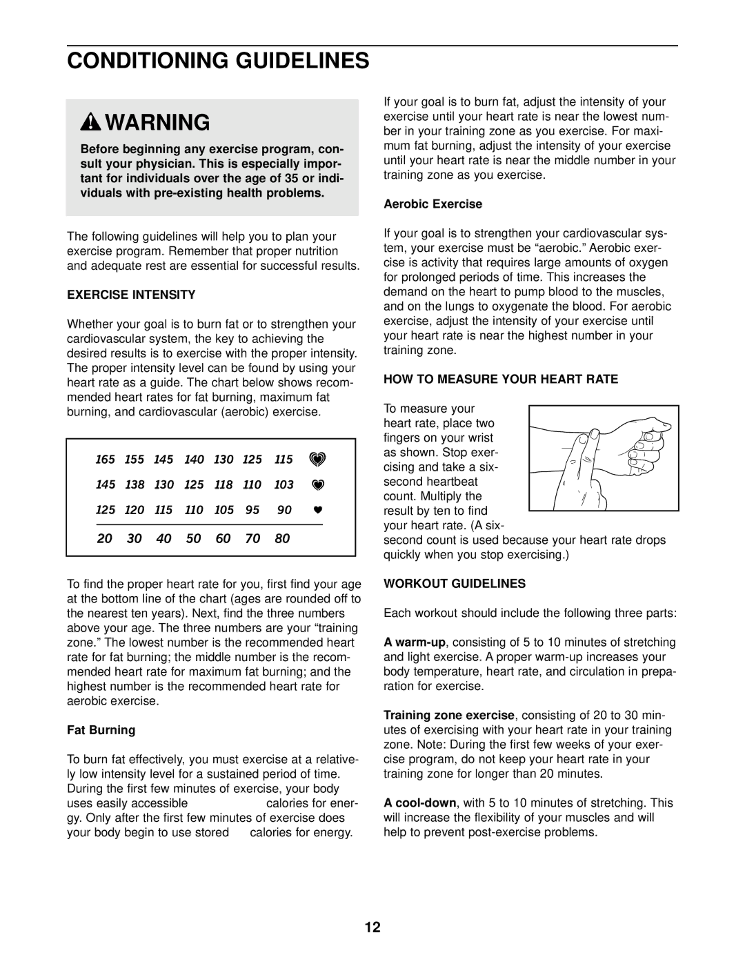 ProForm PFCCEX37082 Conditioning Guidelines, Exercise Intensity, HOW to Measure Your Heart Rate, Workout Guidelines 