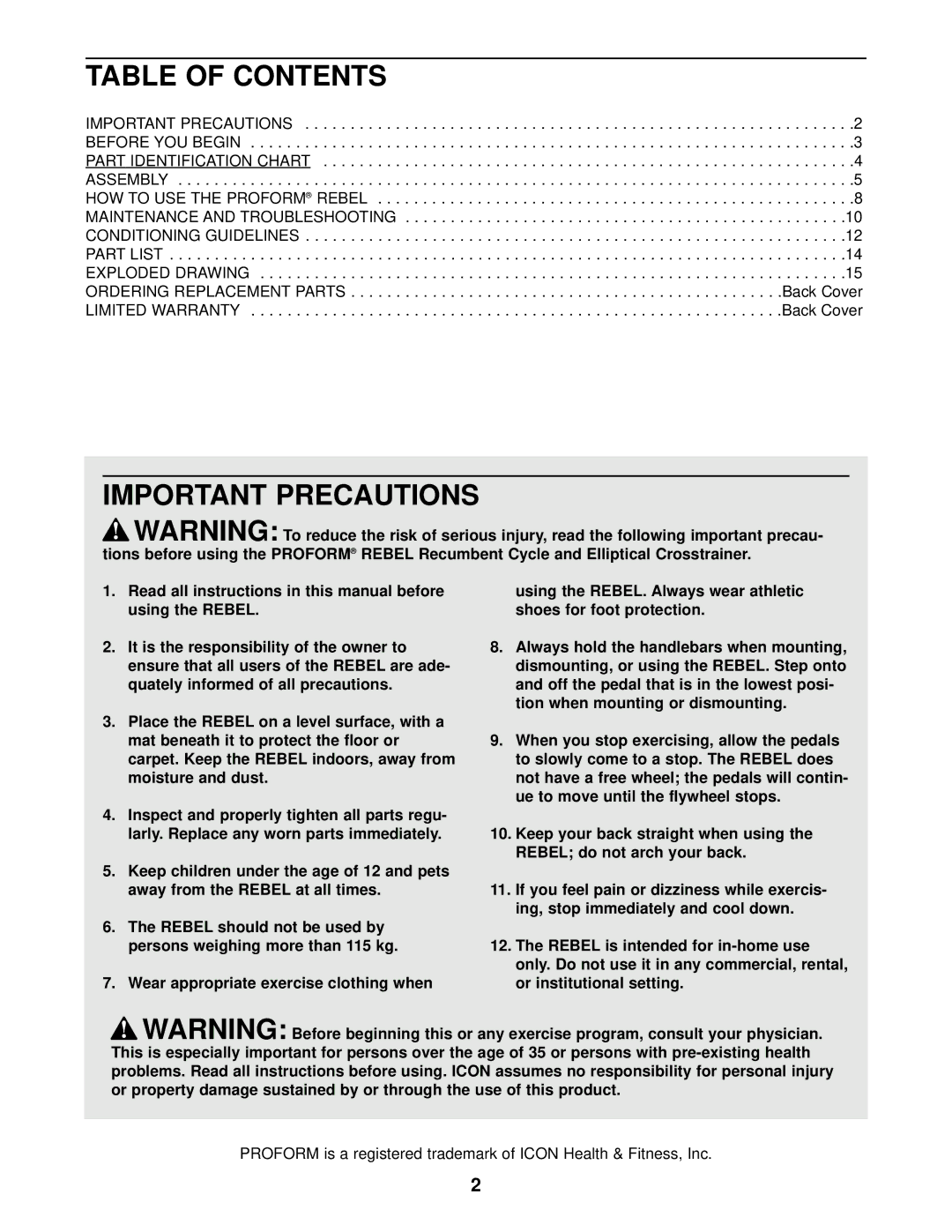 ProForm PFCCEX37082 user manual Important Precautions, Table of Contents 