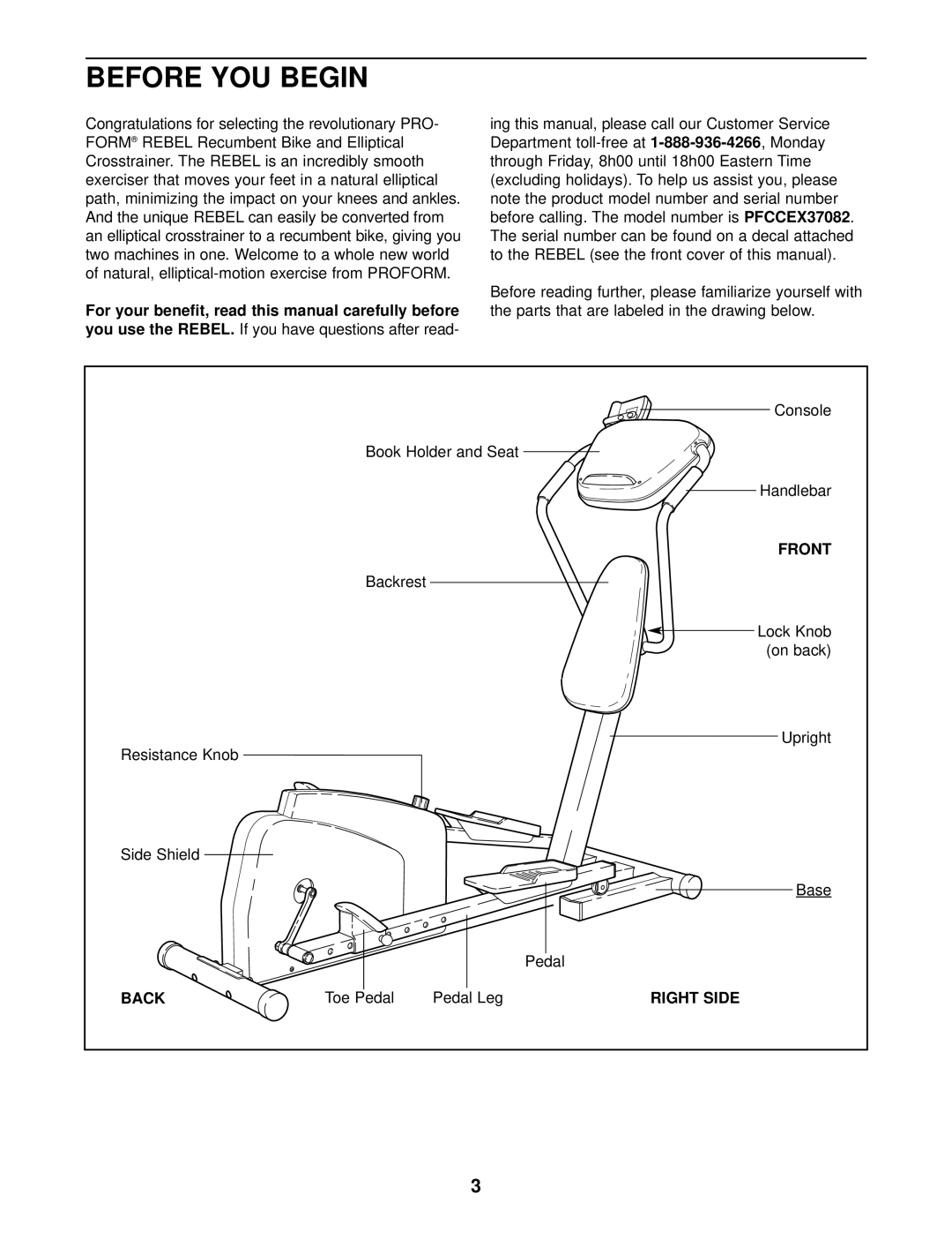 ProForm PFCCEX37082 user manual Before YOU Begin, For your benefit, read this manual carefully before, Back, Right Side 