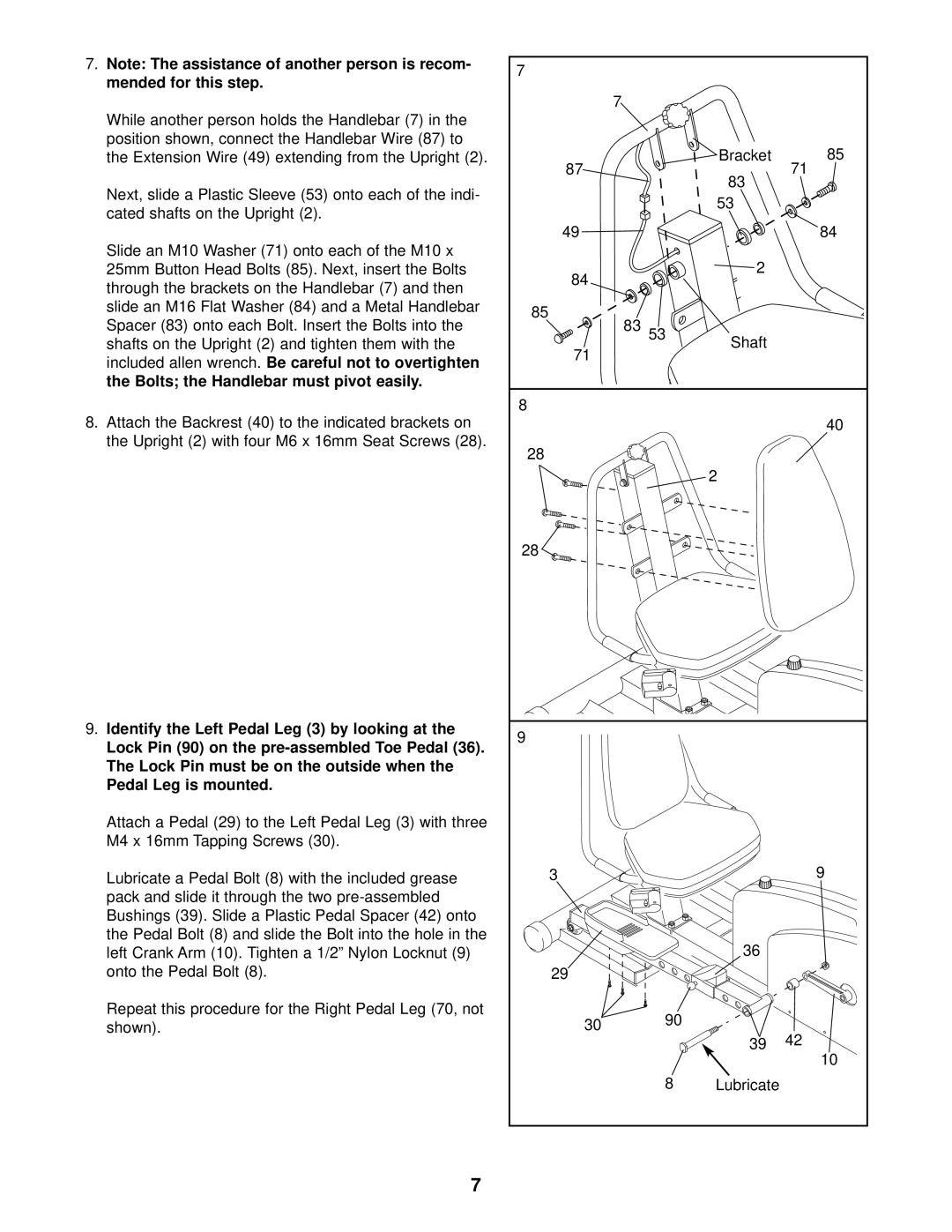 ProForm PFCCEX37082 Extension Wire 49 extending from the Upright, Identify the Left Pedal Leg 3 by looking at, Shaft 