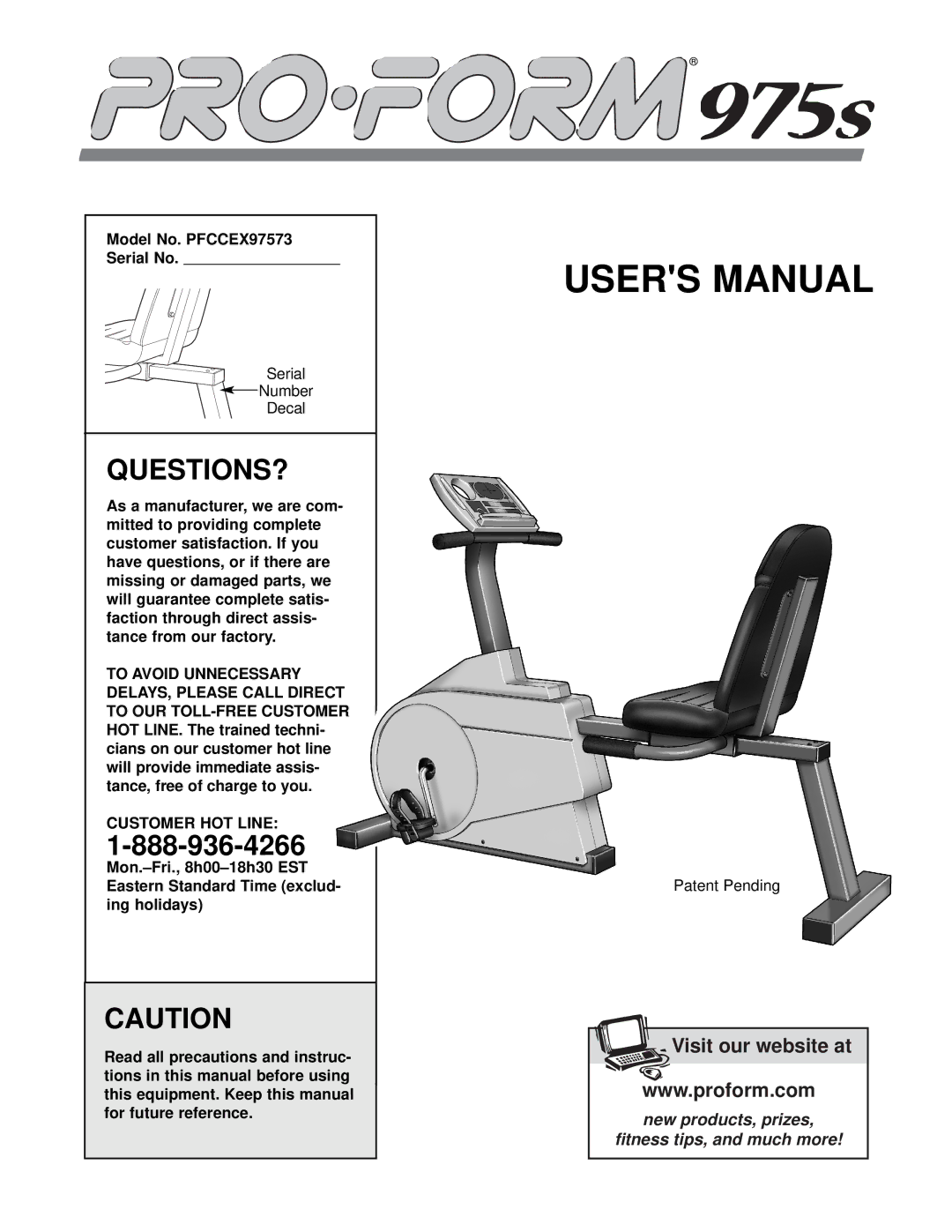 ProForm PFCCEX97573 user manual Questions?, Customer HOT Line 