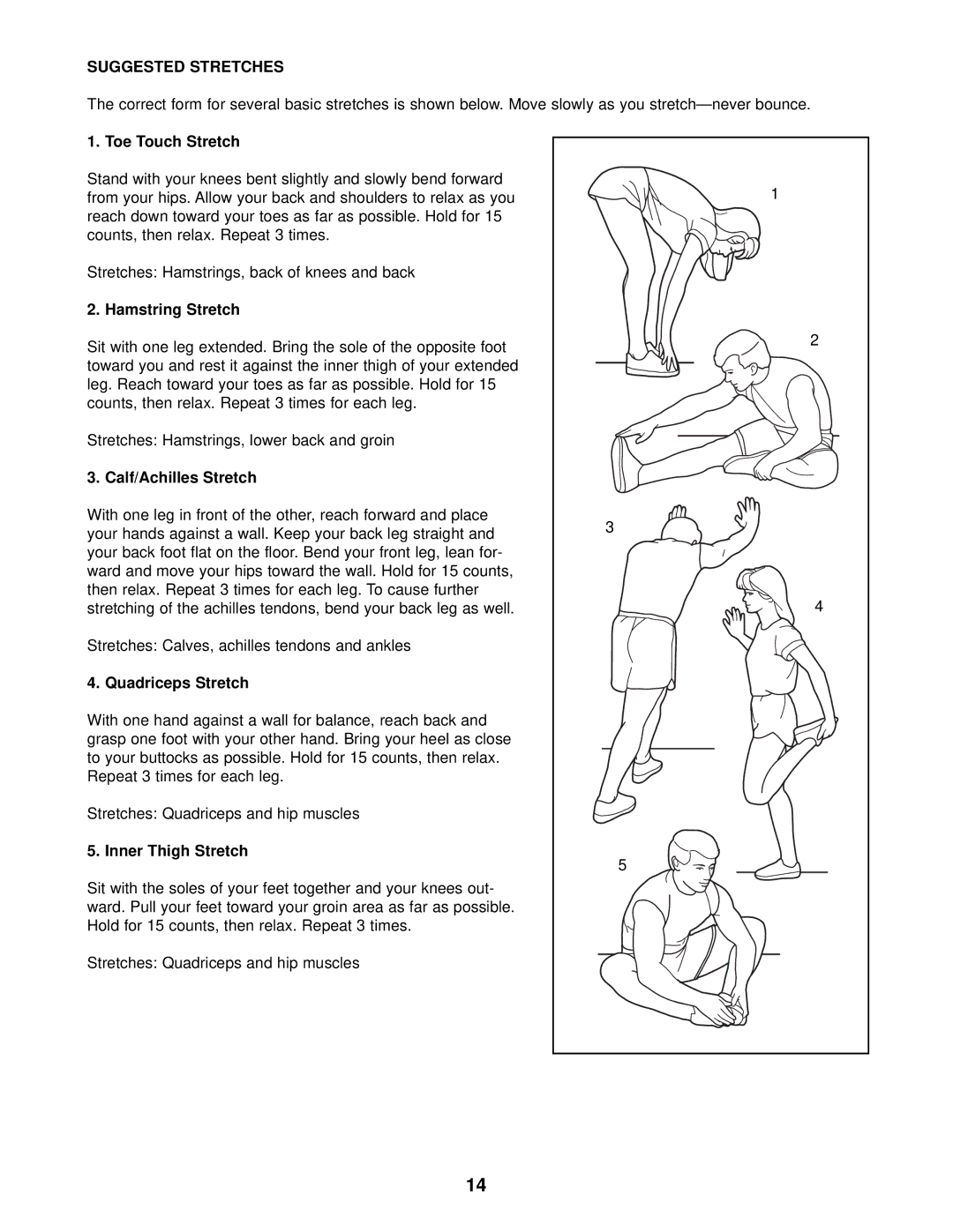 ProForm PFCCEX97573 user manual Suggested Stretches, Toe Touch Stretch 