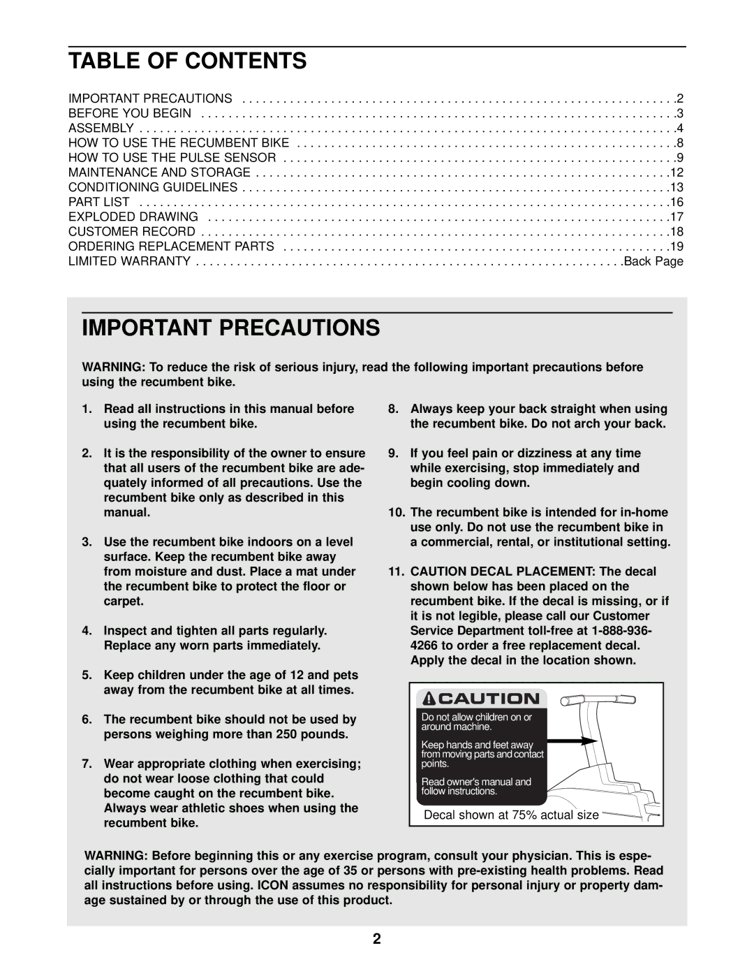 ProForm PFCCEX97573 user manual Table of Contents, Important Precautions 