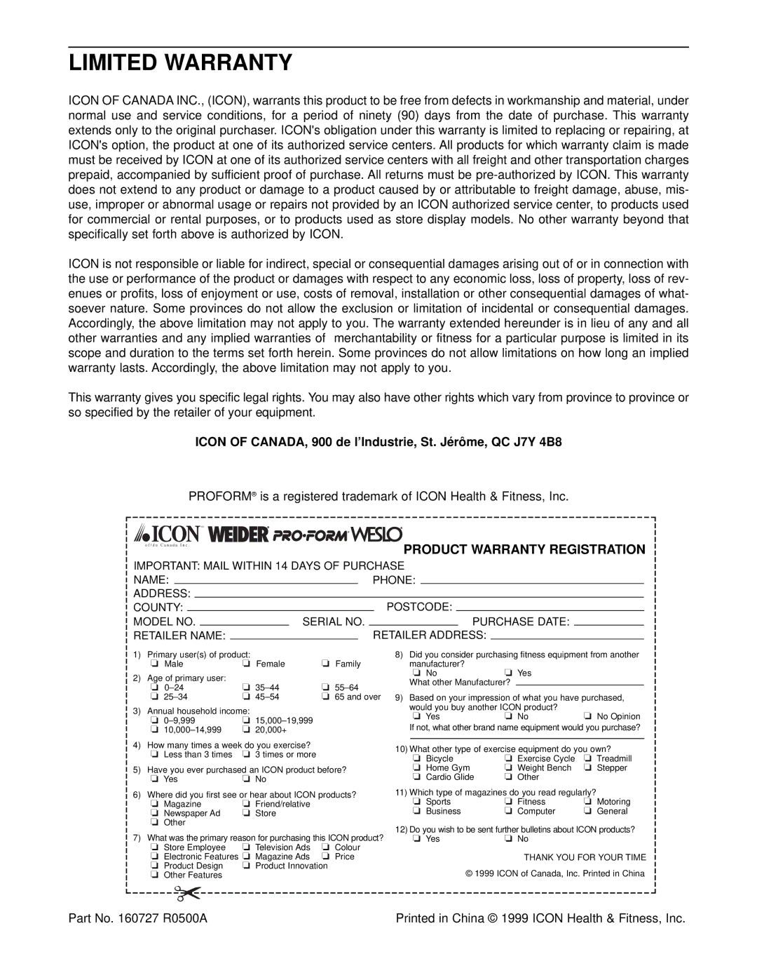 ProForm PFCCEX97573 user manual Limited Warranty, Product Warranty Registration 