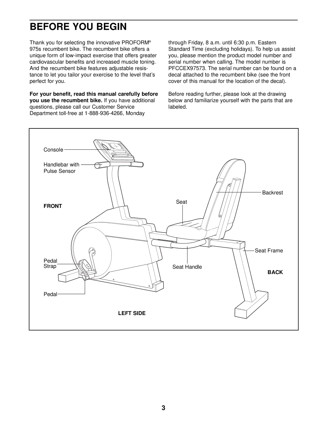 ProForm PFCCEX97573 user manual Before YOU Begin, Front, Back, Left Side 