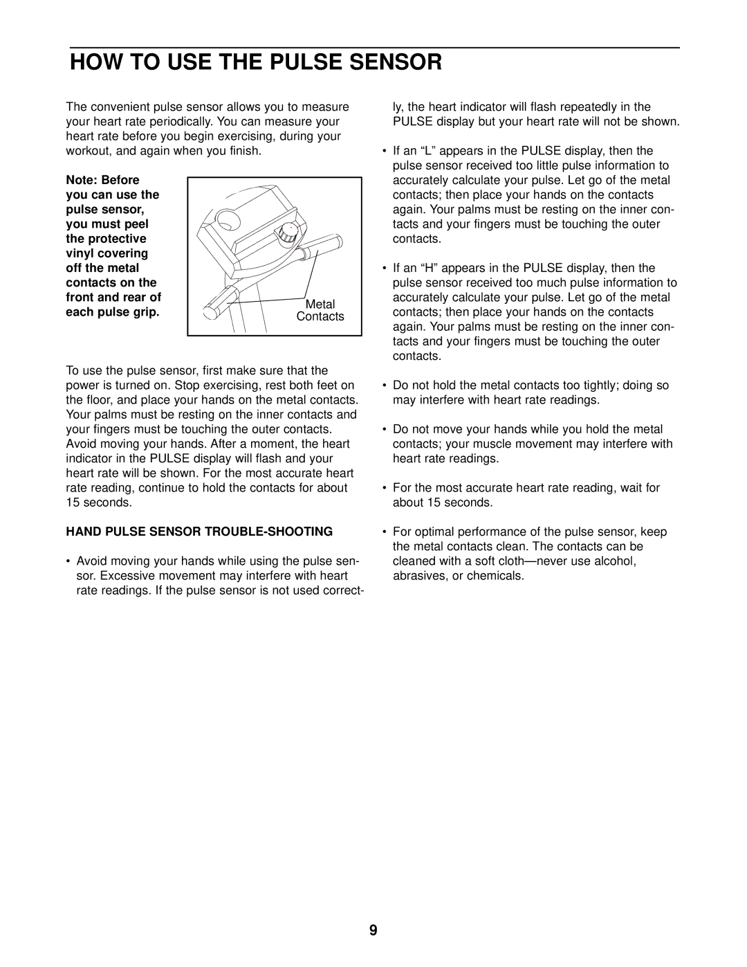 ProForm PFCCEX97573 user manual HOW to USE the Pulse Sensor, Hand Pulse Sensor TROUBLE-SHOOTING 