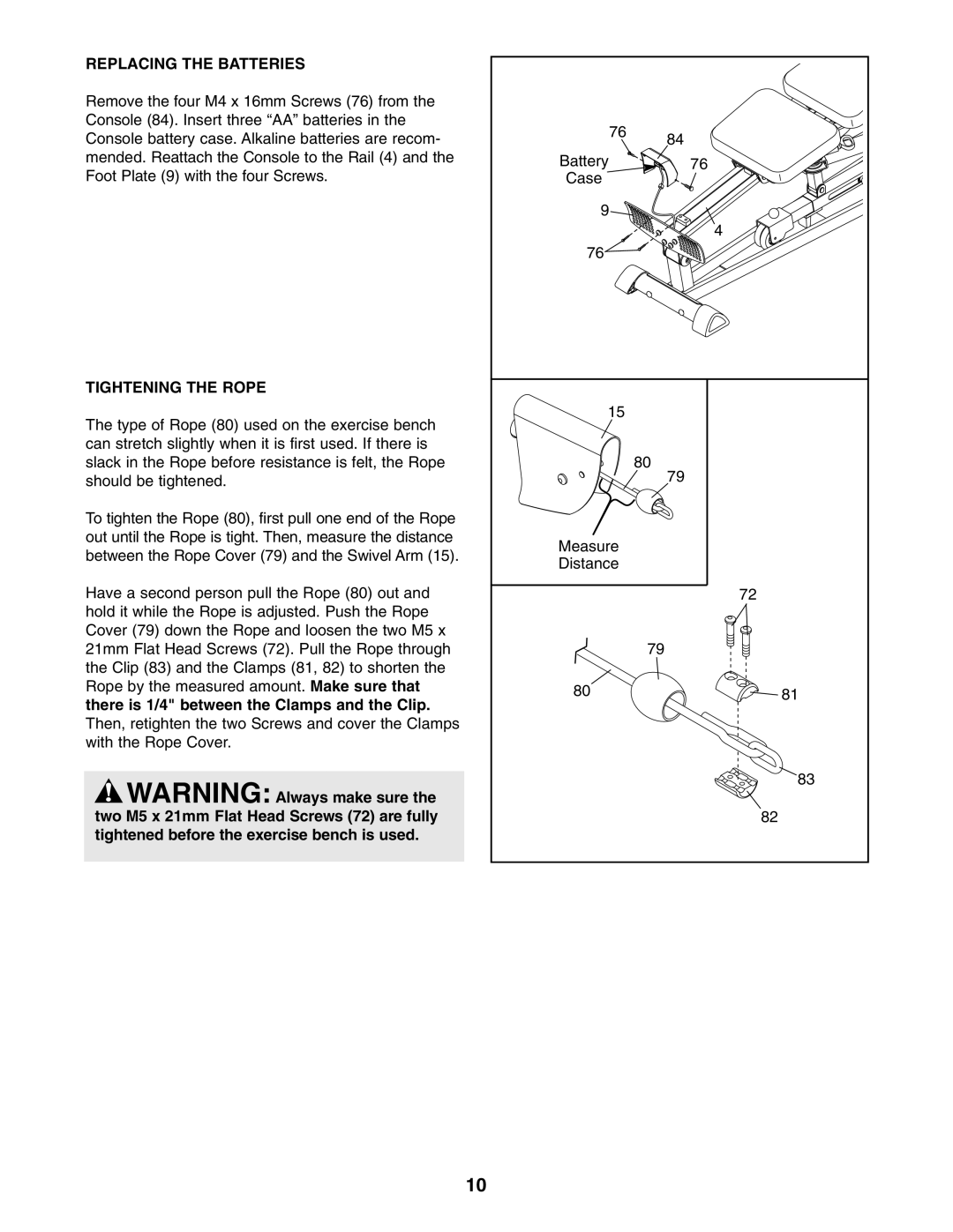 ProForm PFCG2224.0 user manual Replacing the Batteries, Tightening the Rope 