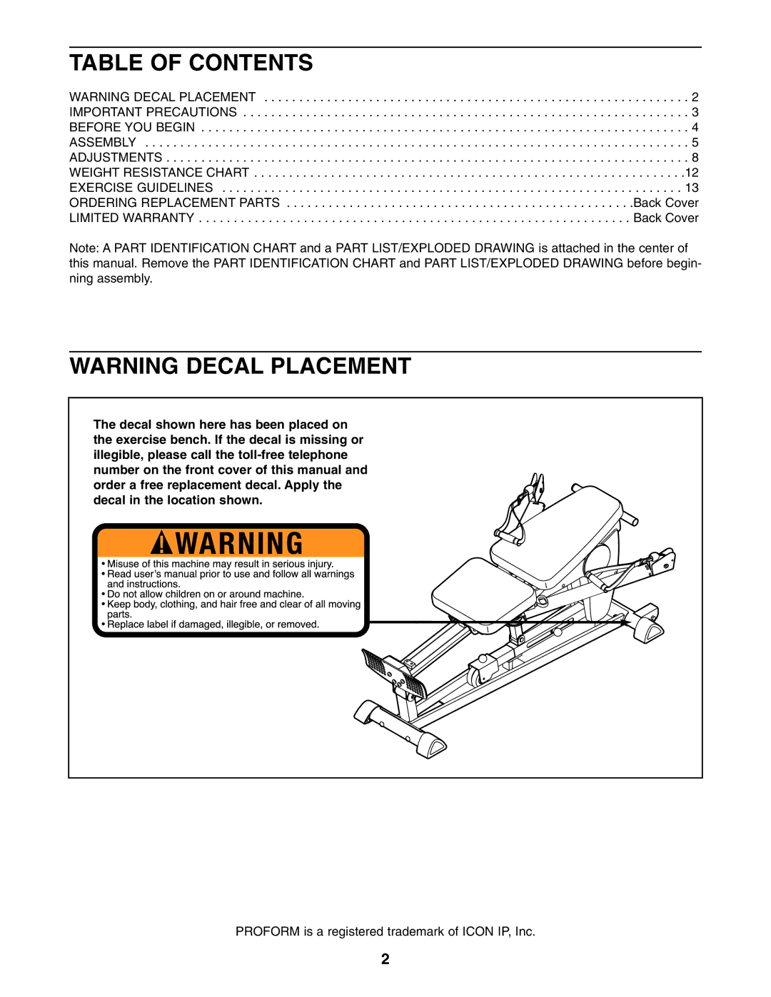 ProForm PFCG2224.0 user manual Table of Contents 