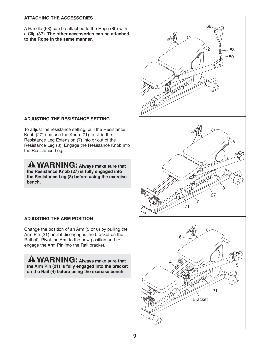 ProForm PFCG2224.0 user manual Attaching the Accessories, Adjusting the Resistance Setting, Adjusting the ARM Position 