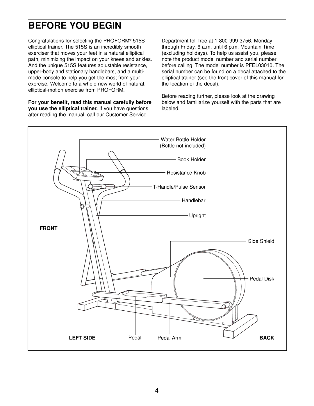 ProForm PFEL03010 user manual Before YOU Begin, Front, Left Side, Back 