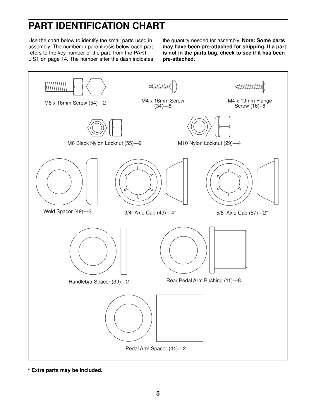 ProForm PFEL03010 user manual Part Identification Chart, Extra parts may be included 