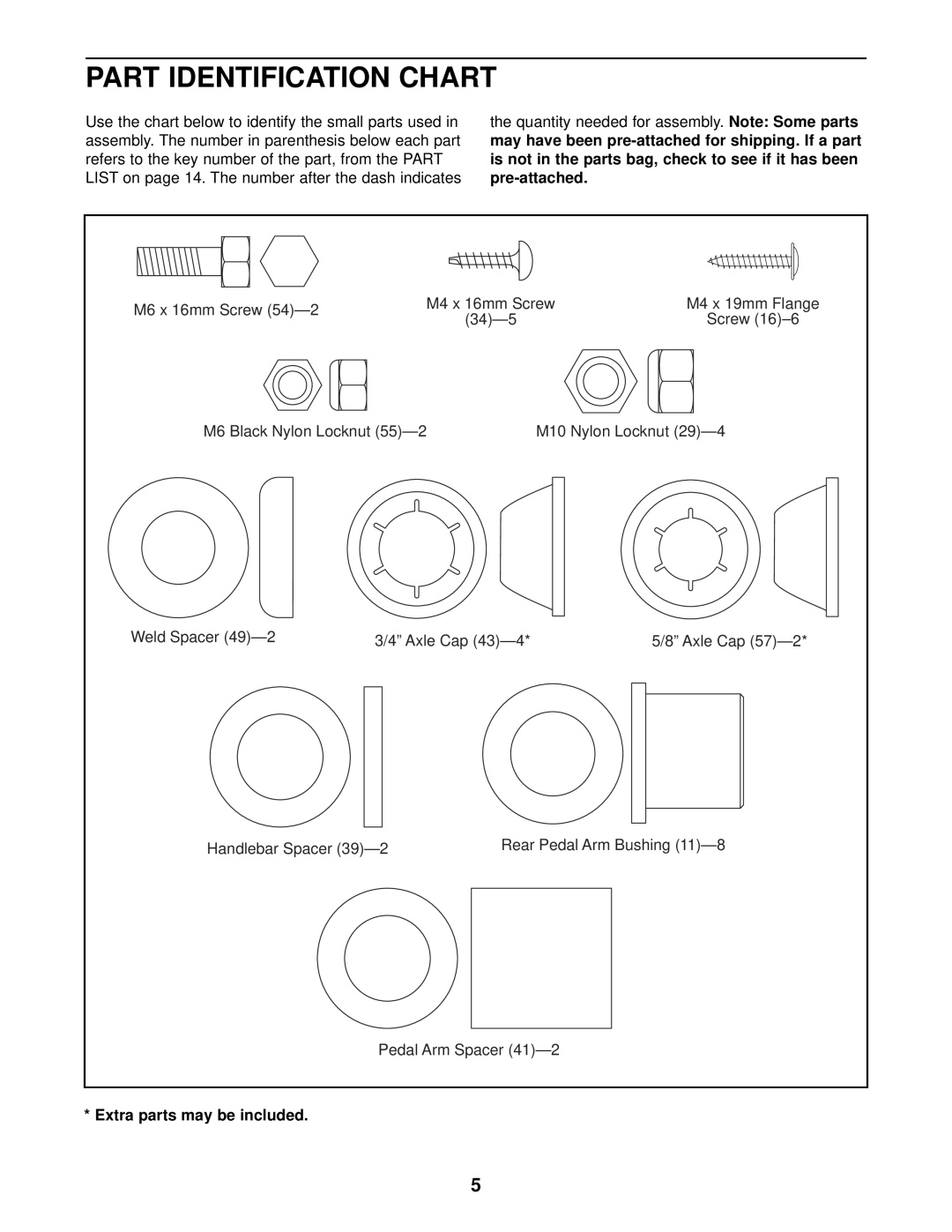 ProForm PFEL03010 user manual Part Identification Chart, Extra parts may be included 