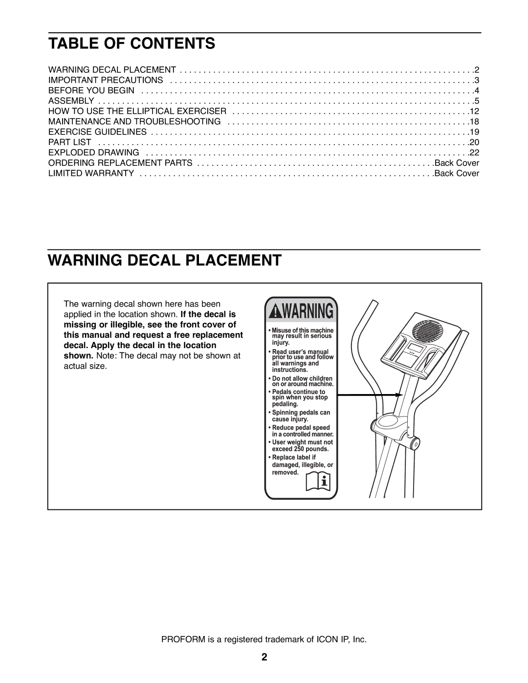 ProForm PFEL03907.0 user manual Table of Contents 