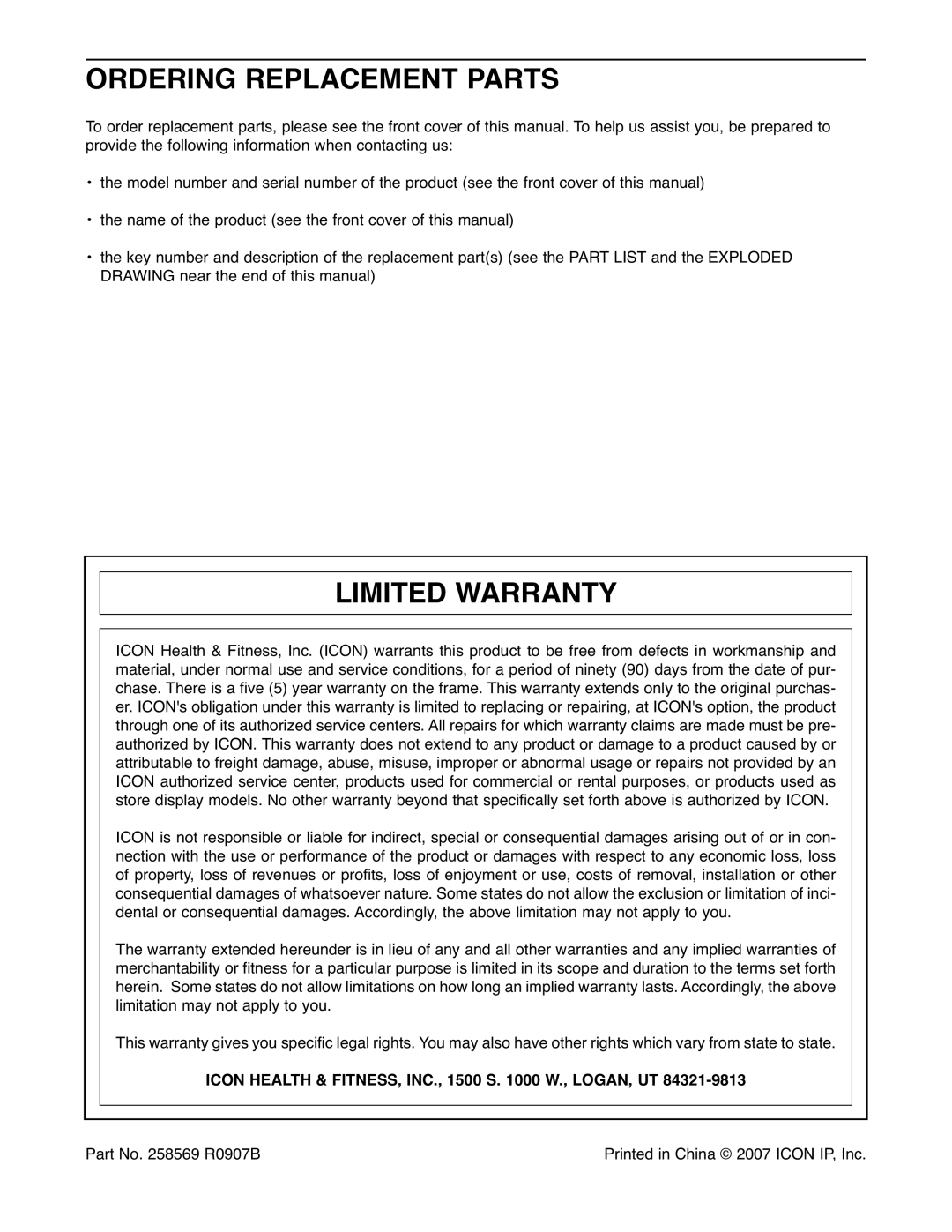 ProForm PFEL03907.0 Ordering Replacement Parts, Limited Warranty, Icon Health & FITNESS, INC., 1500 S W., LOGAN, UT 