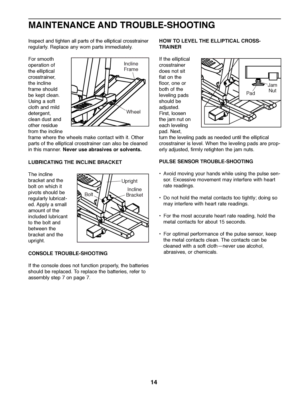 ProForm PFEL04900 manual Maintenance and TROUBLE-SHOOTING, Pulse Sensor TROUBLE-SHOOTING, Console TROUBLE-SHOOTING 