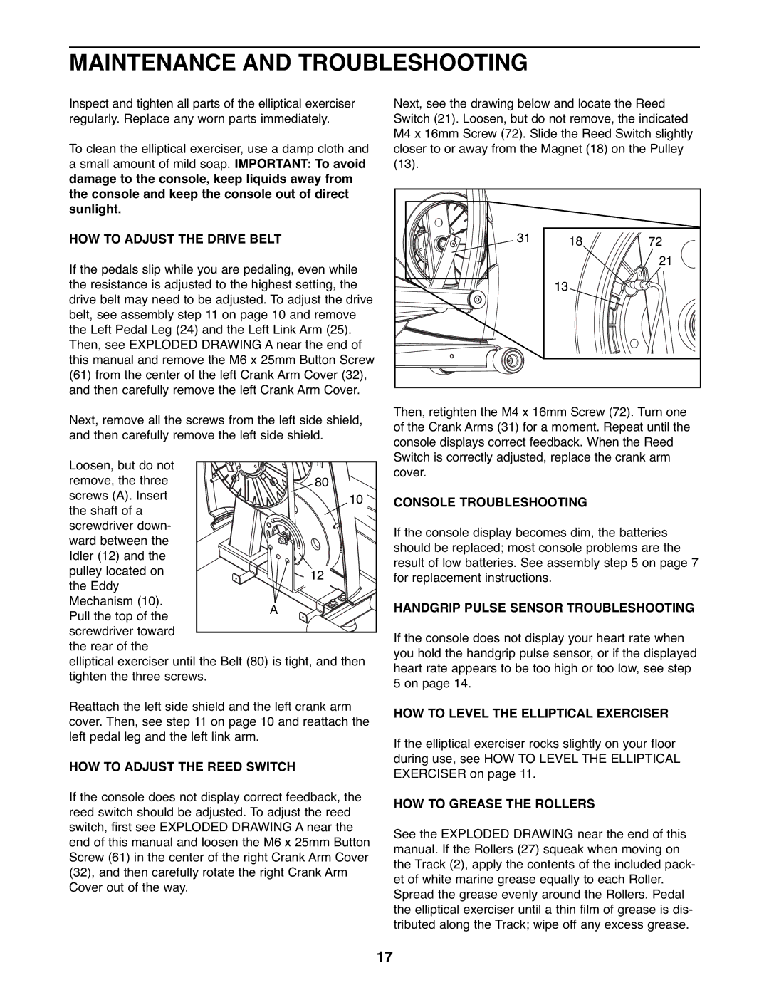 ProForm PFEL04907.0 user manual Maintenance and Troubleshooting 