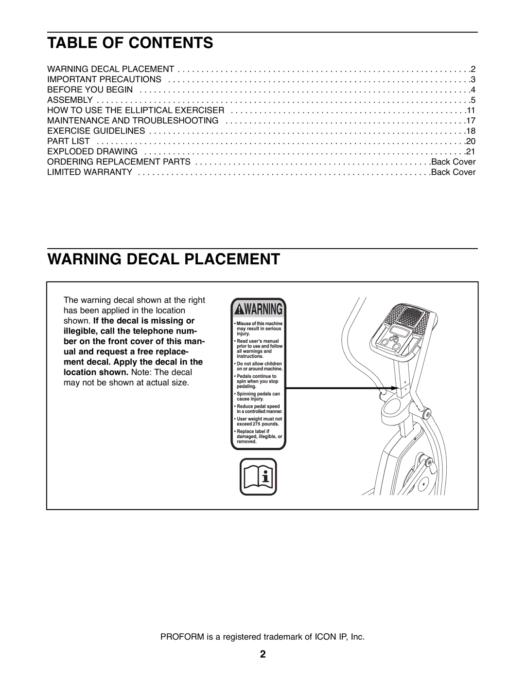 ProForm PFEL04907.0 user manual Table of Contents 