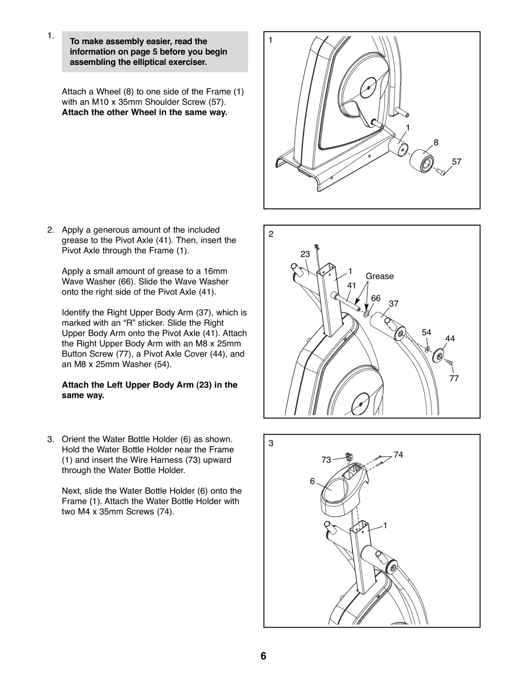 ProForm PFEL04907.0 user manual Attach the other Wheel in the same way, Attach the Left Upper Body Arm 23 Same way 