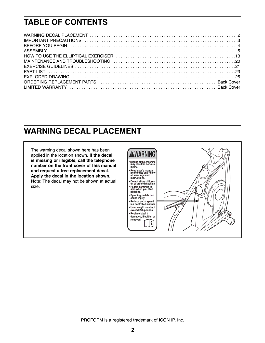 ProForm PFEL05807 user manual Table of Contents 