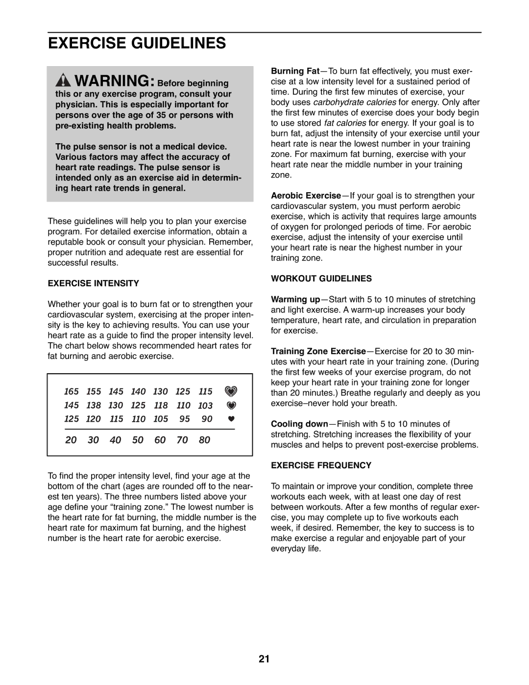 ProForm PFEL05807.0 user manual Exercise Guidelines, Exercise Intensity, Workout Guidelines, Exercise Frequency 