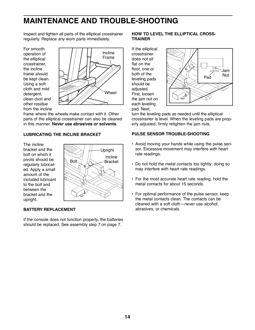 ProForm PFEL05900 manual Maintenance and TROUBLE-SHOOTING, Pulse Sensor TROUBLE-SHOOTING, Battery Replacement 