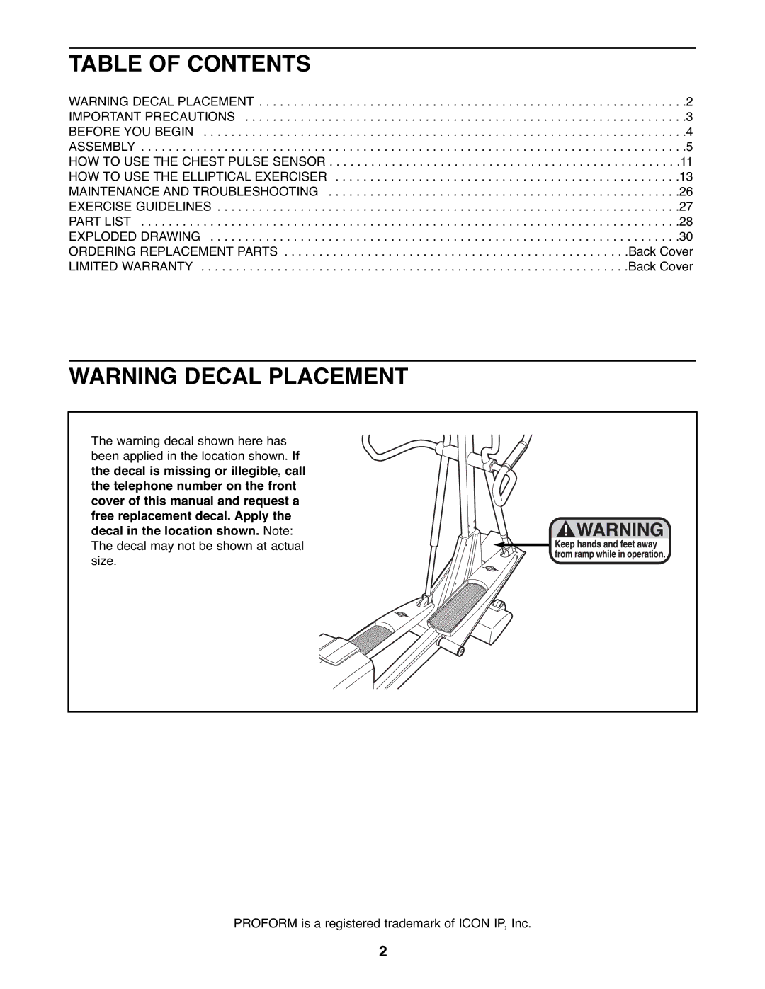 ProForm PFEL07907.0 user manual Table of Contents 