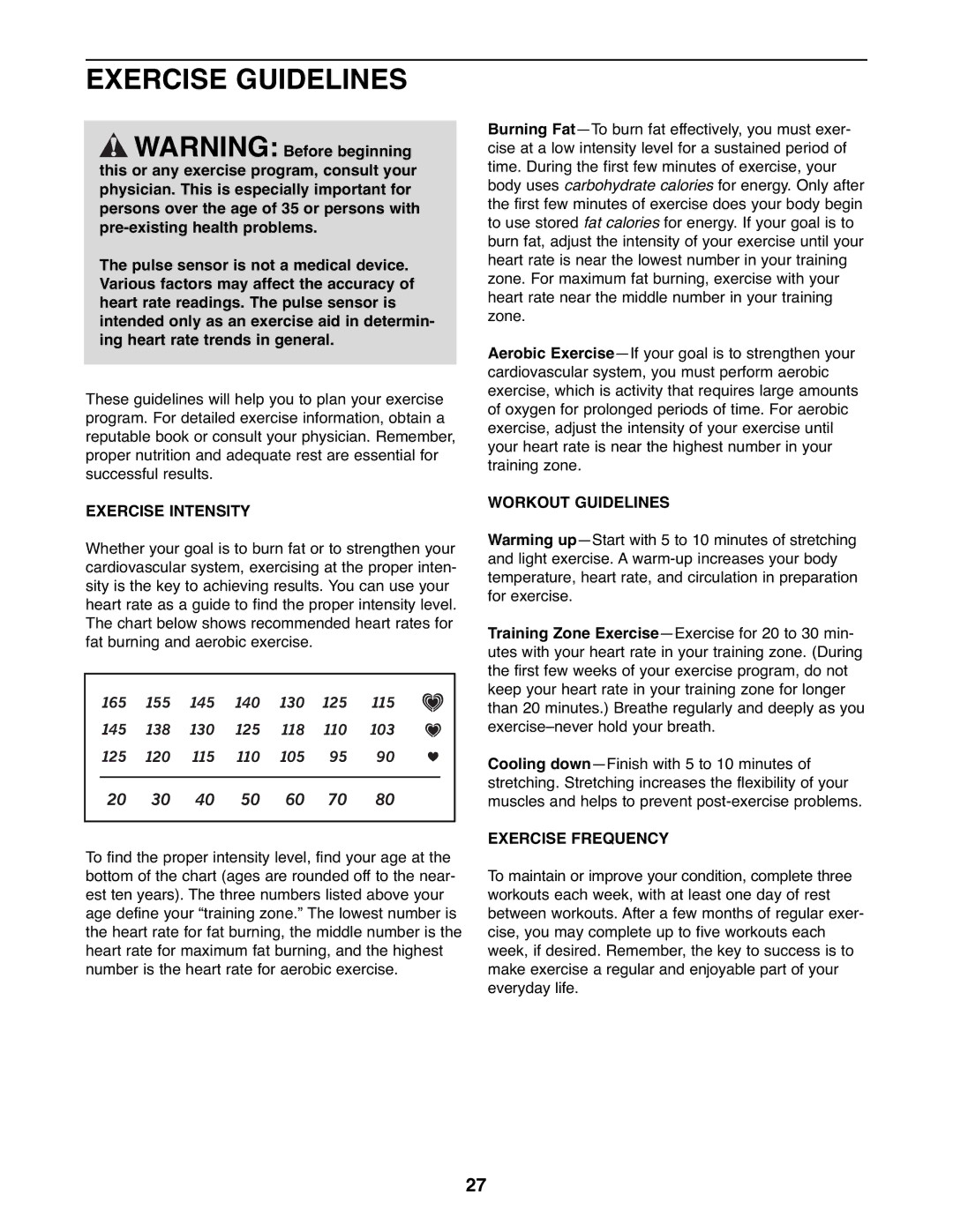 ProForm PFEL07907.0 user manual Exercise Guidelines, Exercise Intensity, Workout Guidelines, Exercise Frequency 