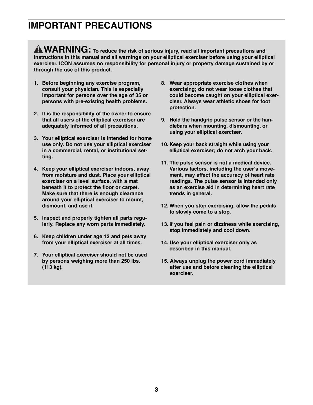 ProForm PFEL07907.0 user manual Important Precautions 